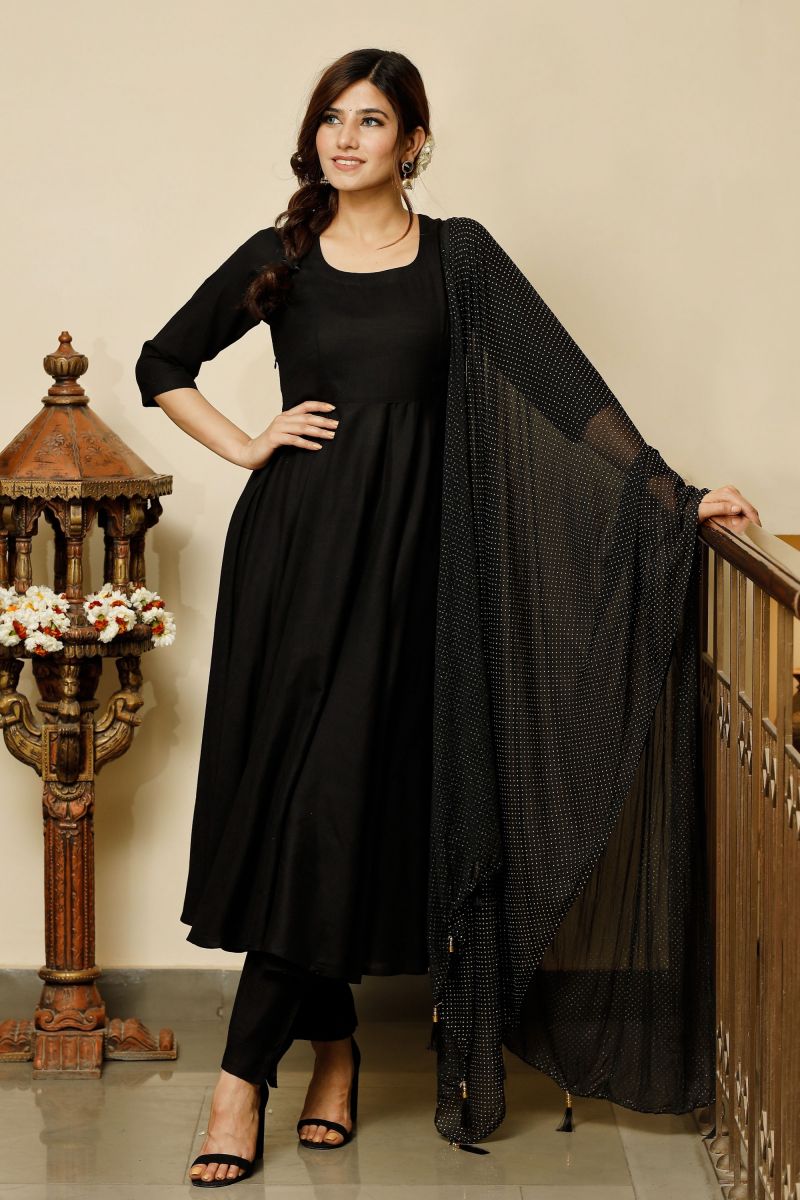 Black Color Rayon Engaging Readymade Suit With Fancy Work