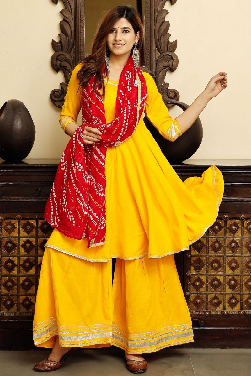 Yellow Color Fancy Work On Rayon Stunning Readymade Suit