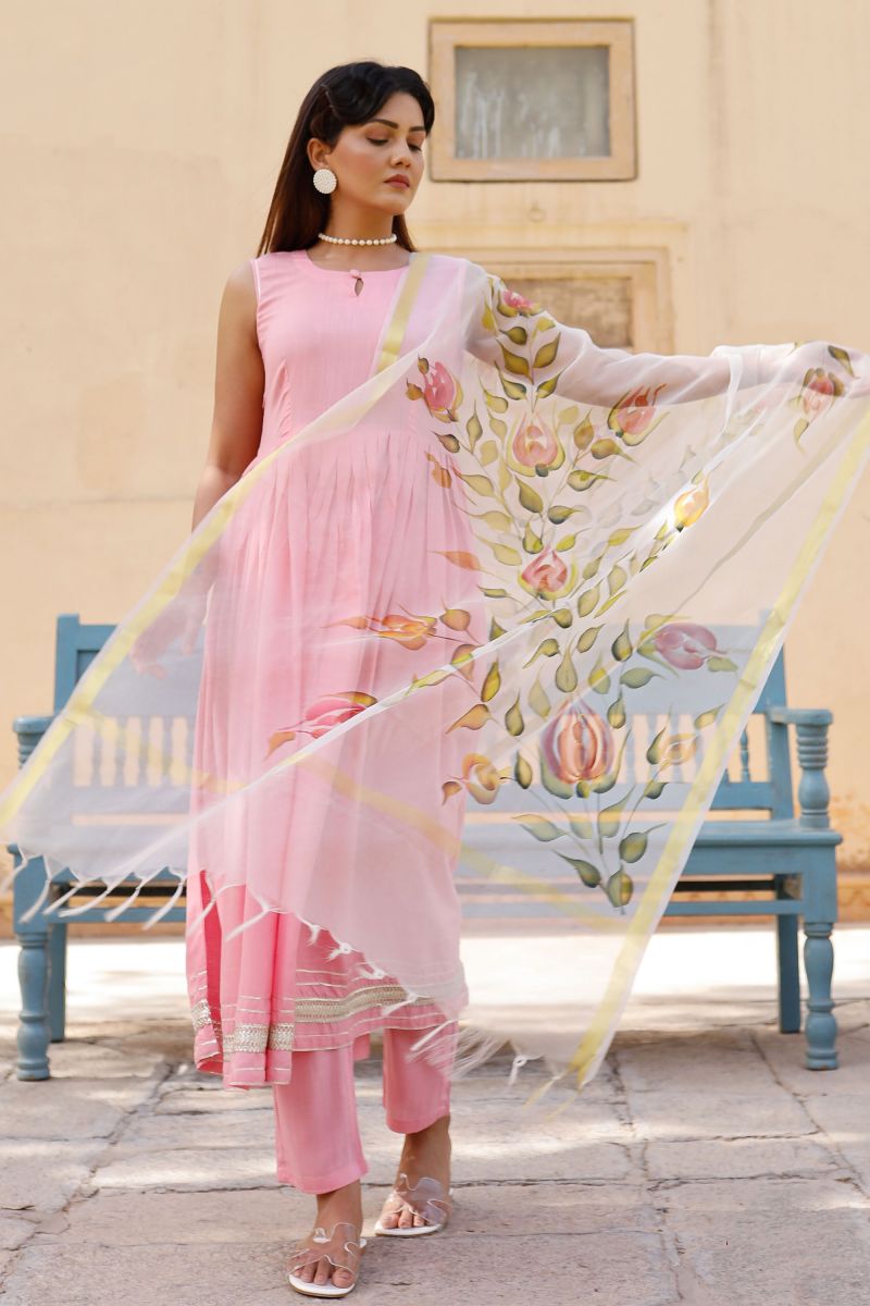 Cotton Pink Color Readymade Suit With Fancy Work