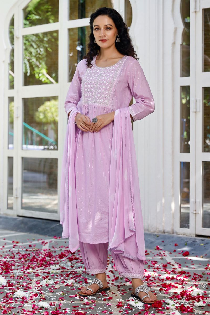 Cotton Lavender Color Delicate Readymade Suit With Fancy Work