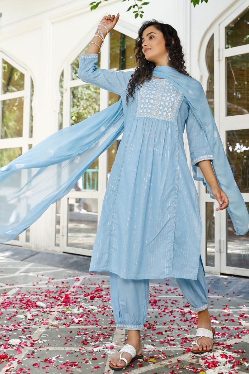 Sky Blue Color Cotton Readymade Suit With Fancy Work