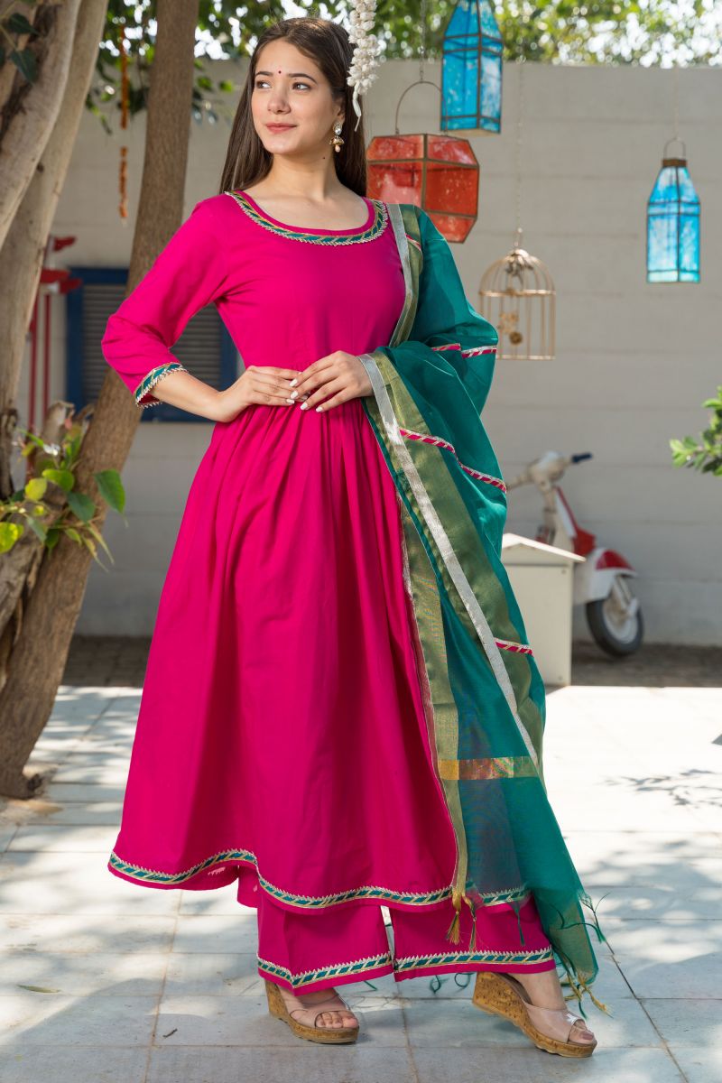 Fancy Work On Rani Color Cotton Readymade Suit