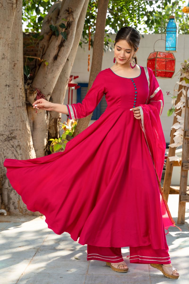 Rayon Magenta Color Readymade Suit With Fancy Work