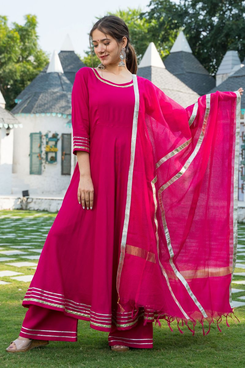 Pink Color Fancy Work On Rayon Chic Readymade Suit