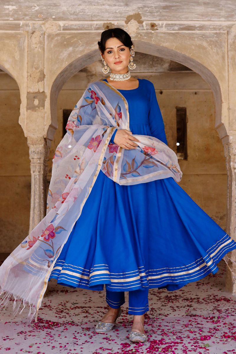 Rayon Blue Color Readymade Suit With Fancy Work