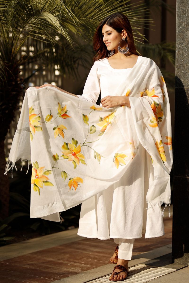 Cotton White Color Readymade Suit With Fancy Work