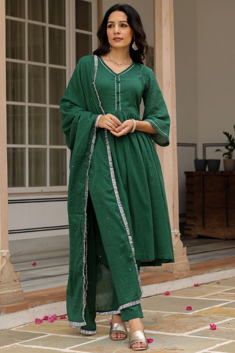 Fancy Fabric Green Color Readymade Suit