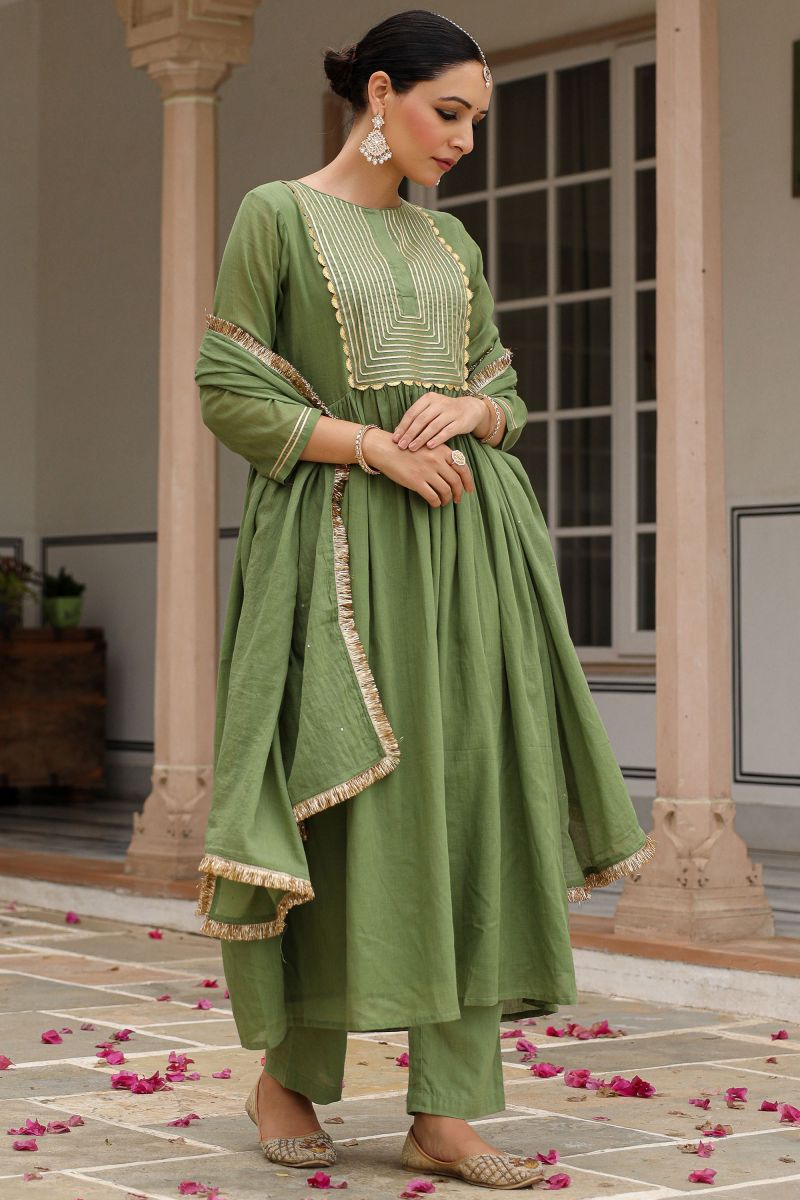 Green Color Readymade Suit In Fancy Fabric