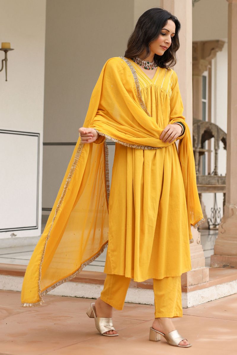 Yellow Color Fancy Fabric Readymade Suit