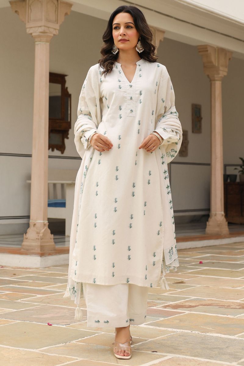 White Color Cotton Fabric Beguiling Readymade Suit