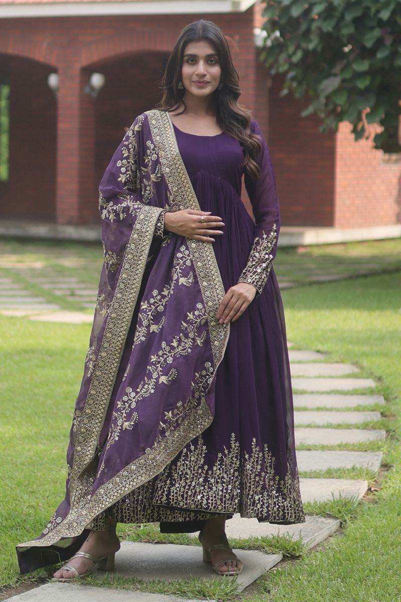 Georgette Fabric Purple Embroidered Readymade Long Gown With Dupatta