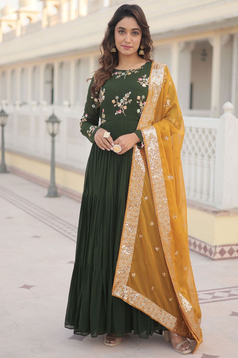 Georgette Fabric Embroidered Work Function Wear Long Gown With Dupatta In Green Color 