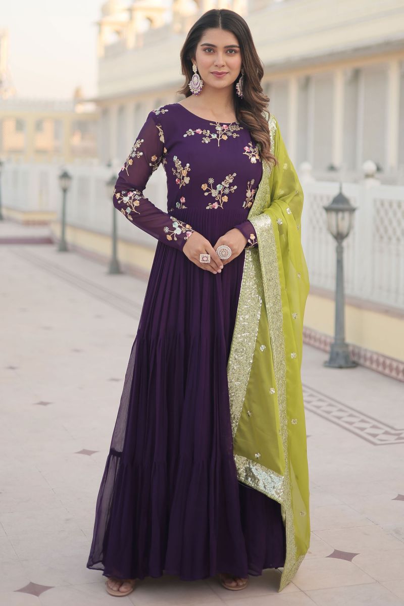 Georgette Fabric Function Wear Long Gown With Dupatta In Purple Color In Embroidered Work 