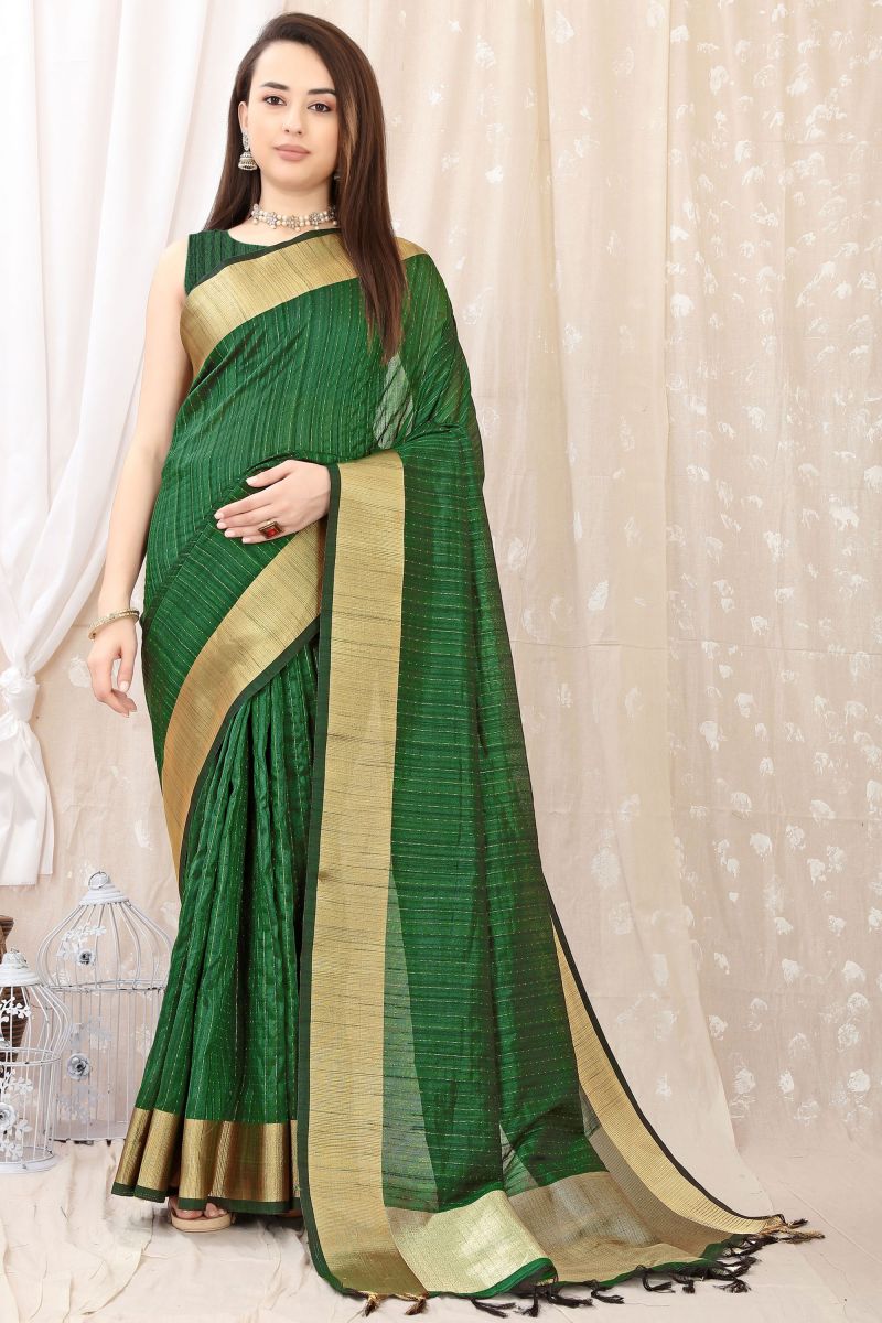 Trendy Pure Silk Dark Green Color Function Wear Saree With Zari Work