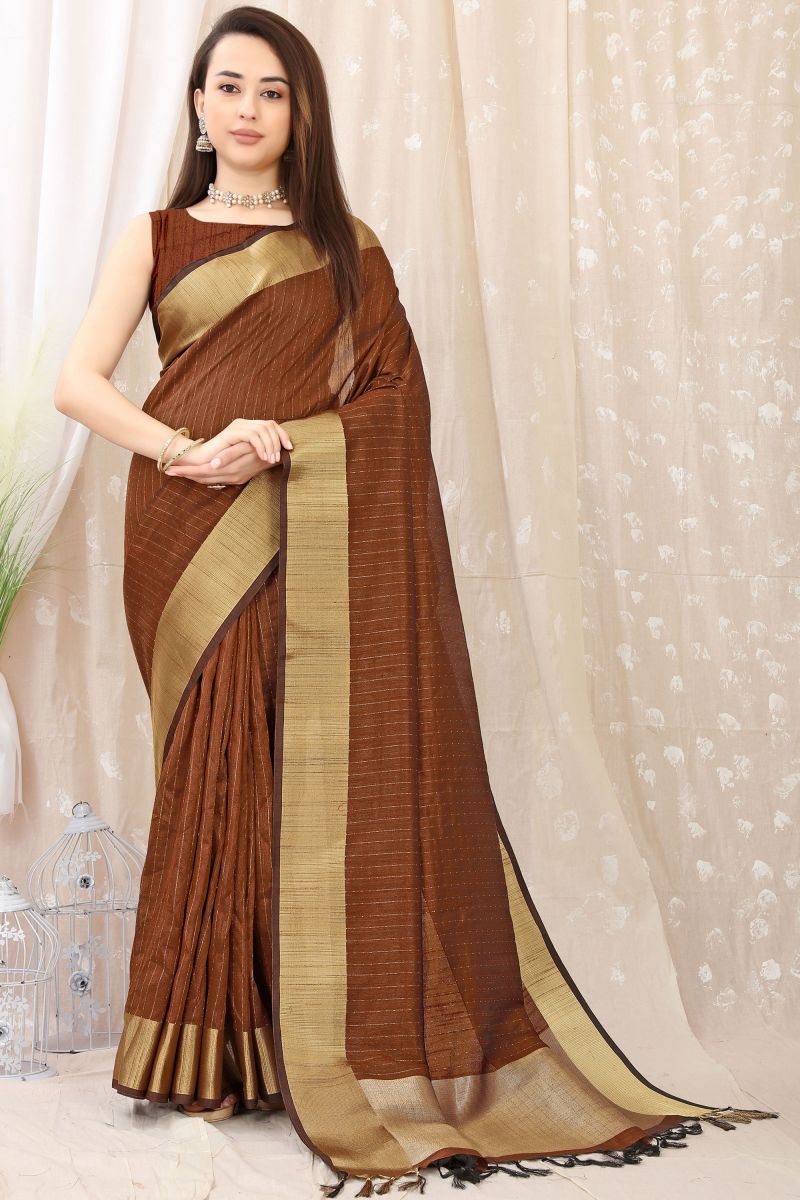 Brown Color Zari Work On Pure Silk Chic Function Wear Saree