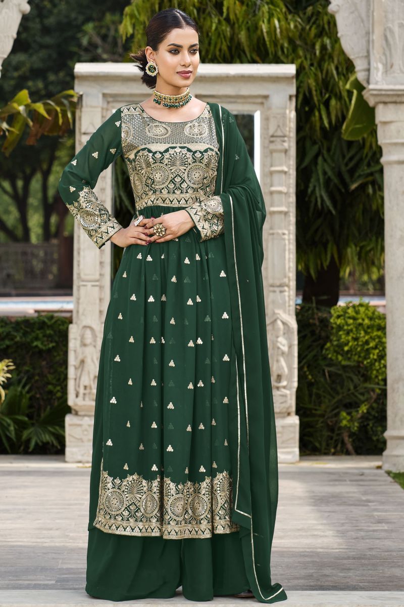 Dark Green Color Sequence Work Readymade Palazzo Salwar Suit In Georgette Fabric