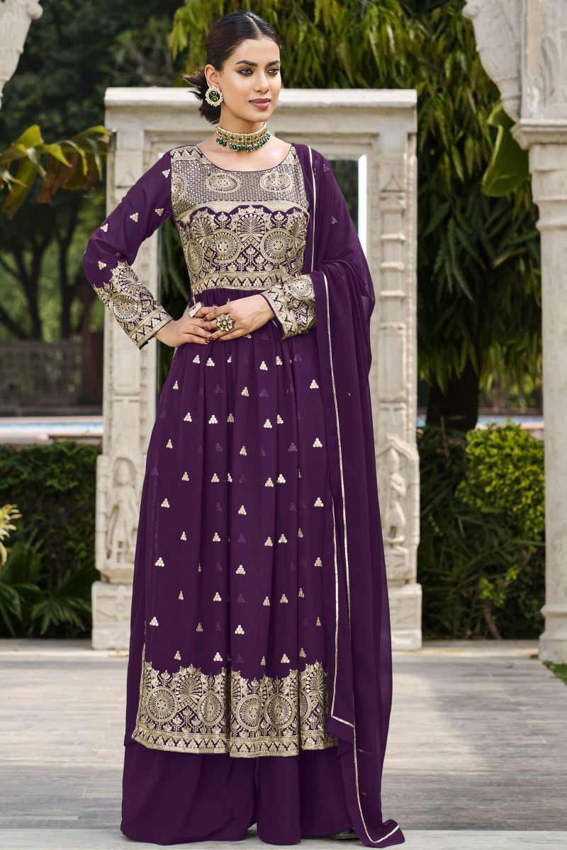 Sequence Work Purple Color Readymade Palazzo Salwar Suit In Georgette Fabric