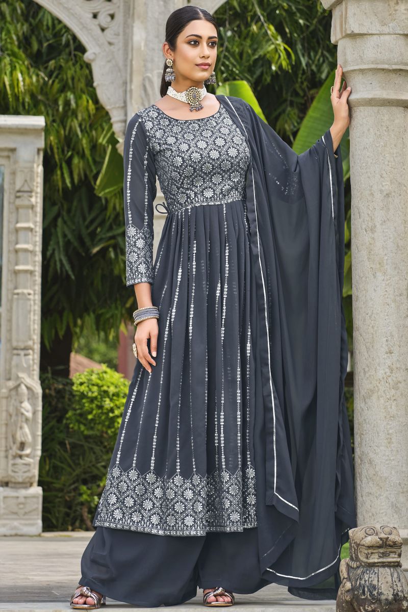Georgette Fabric Grey Color Festive Wear Sequence Work Readymade Palazzo Salwar Kameez