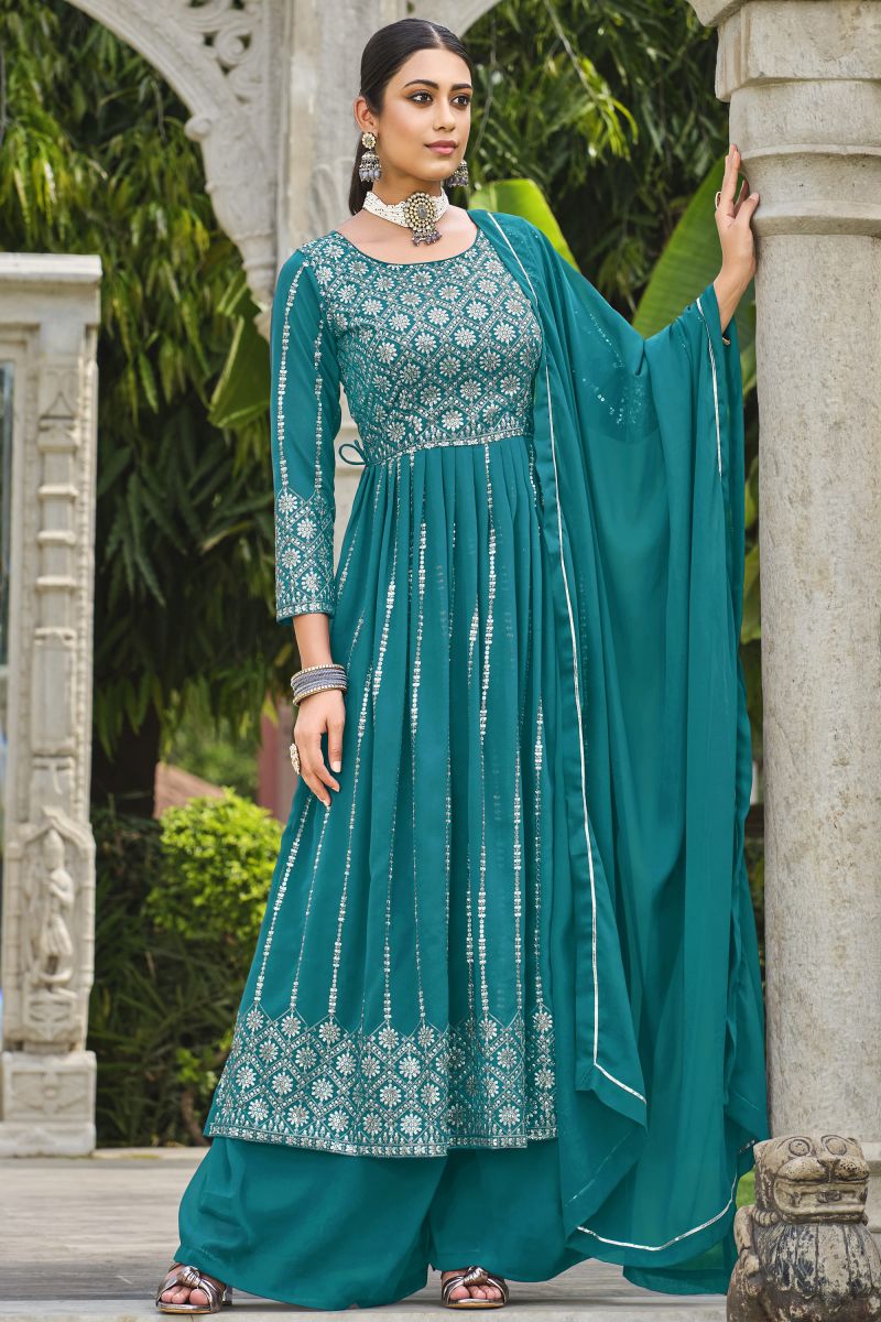 Georgette Fabric Sequence Work Readymade Palazzo Salwar Kameez In Cyan Color