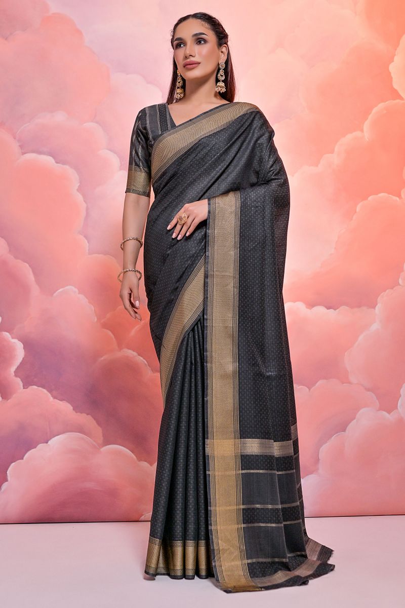 Black Cotton Fabric Daily Wear Zari Woven Border Casual Saree