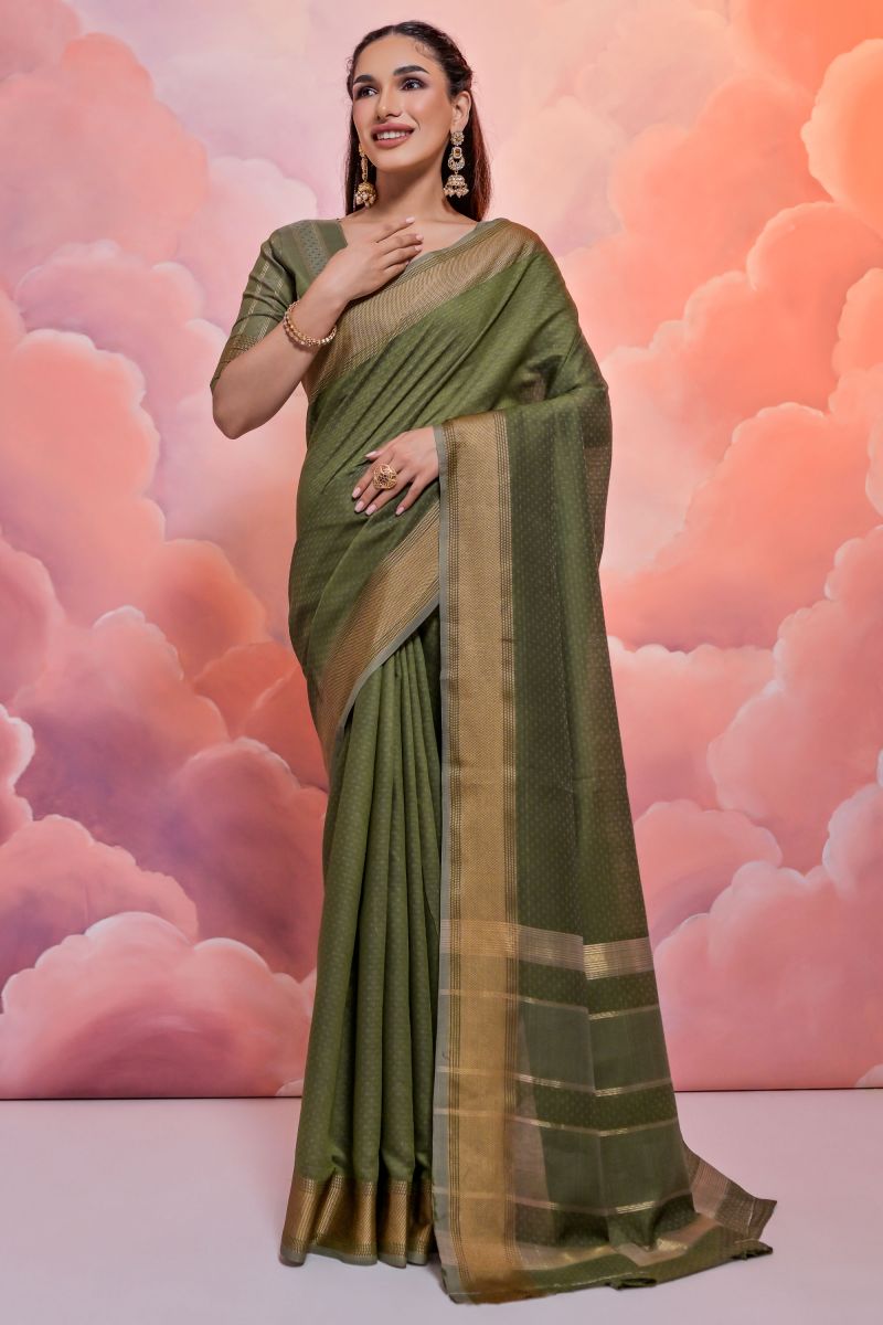 Cotton Fabric Zari Woven Border Saree In Green Color