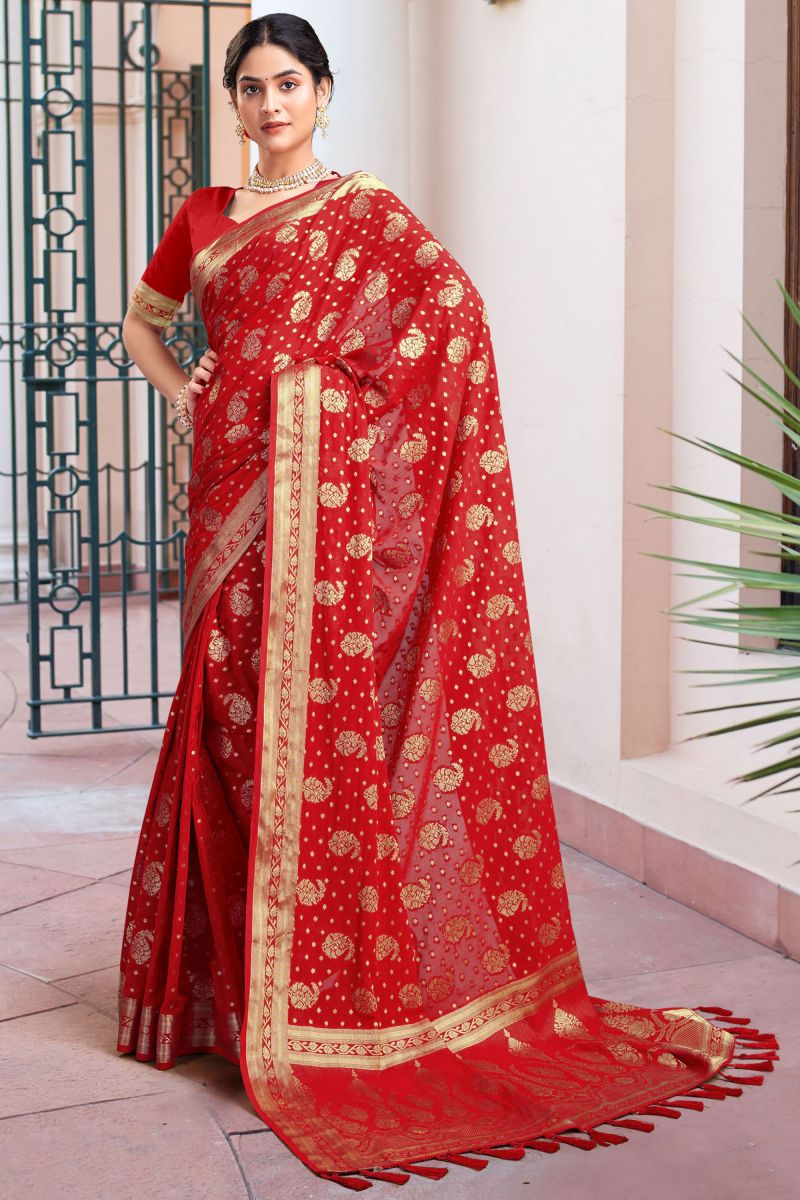Red Color Sangeet Function Georgette Fabric Weaving Work Saree