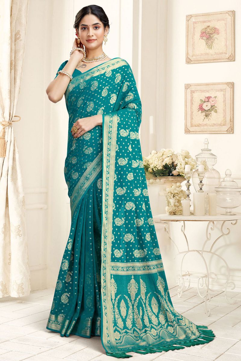 Teal Color Georgette Fabric Weaving Work Function Wear Fancy Saree