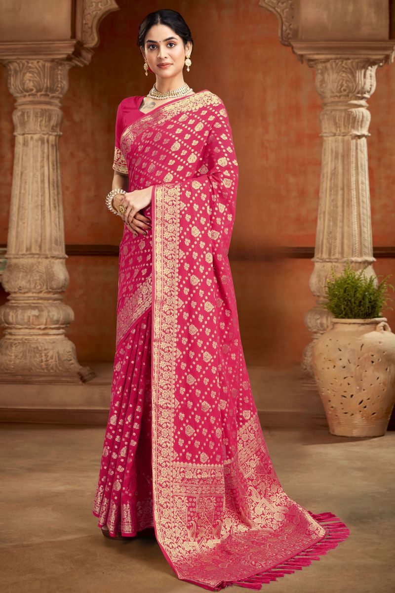 Sangeet Function Georgette Fabric Rani Color Weaving Work Saree