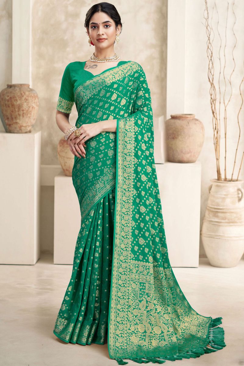 Sea Green Color Sangeet Function Georgette Fabric Weaving Work Saree