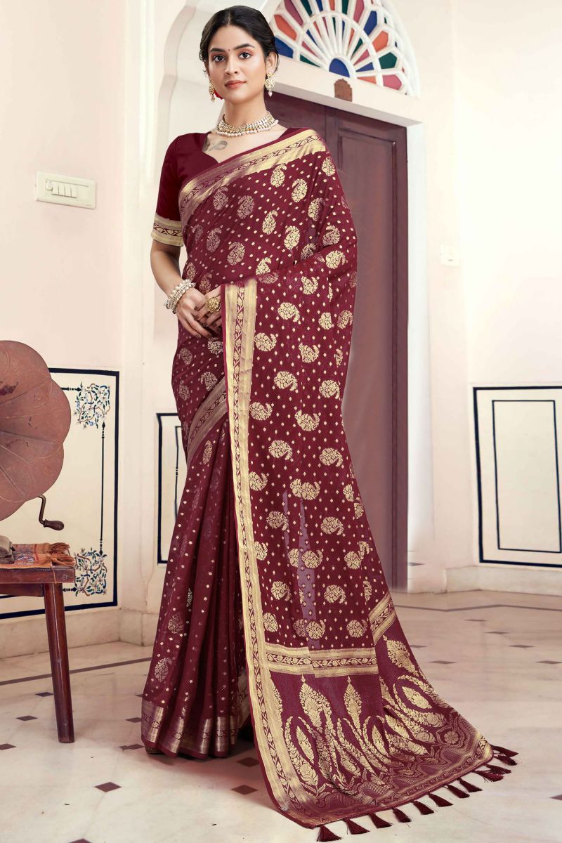 Georgette Fabric Sangeet Function Maroon Color Weaving Work Saree