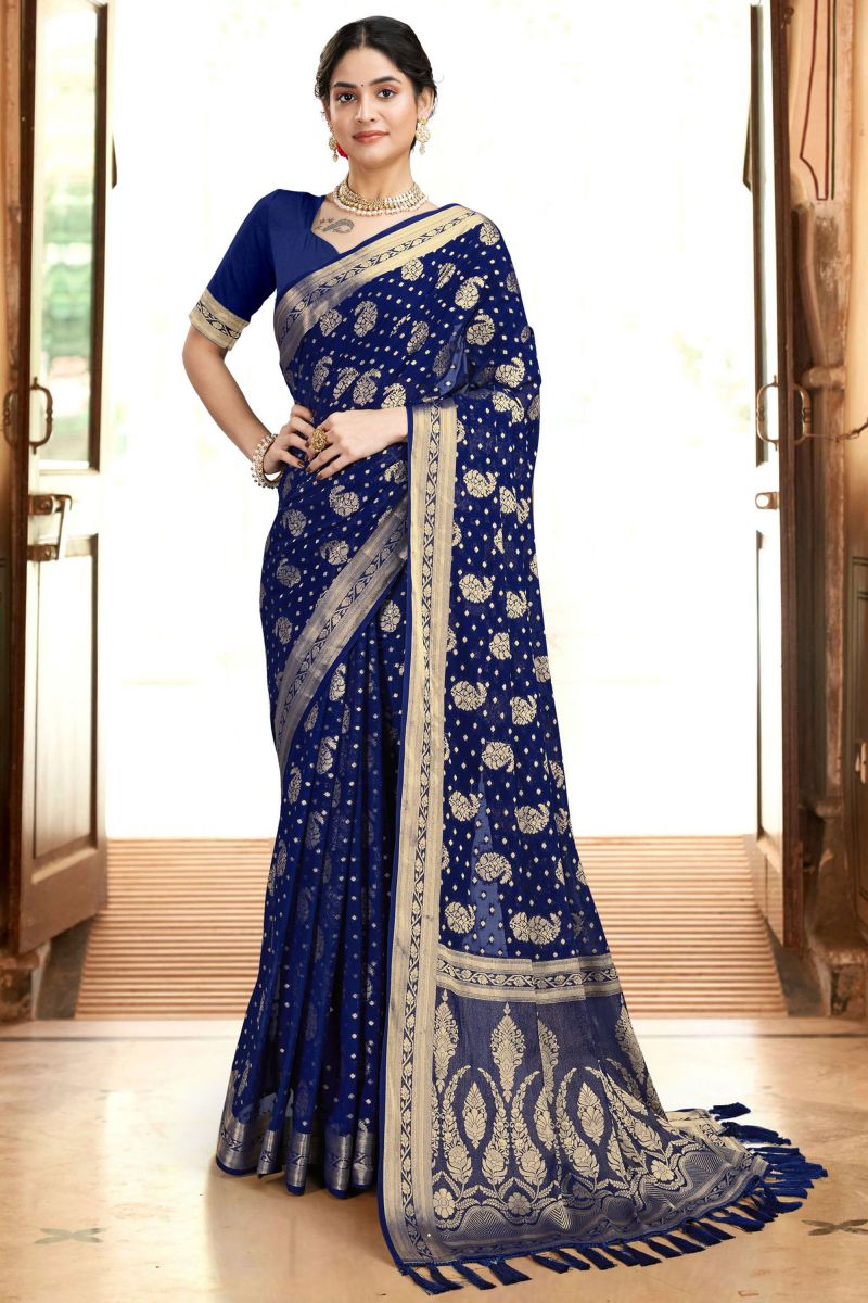 Navy Blue Color Georgette Fabric Sangeet Function Weaving Work Saree