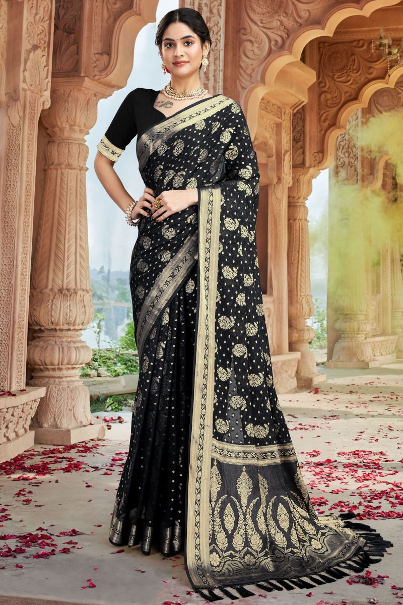 Sangeet Function Georgette Fabric Black Color Weaving Work Saree