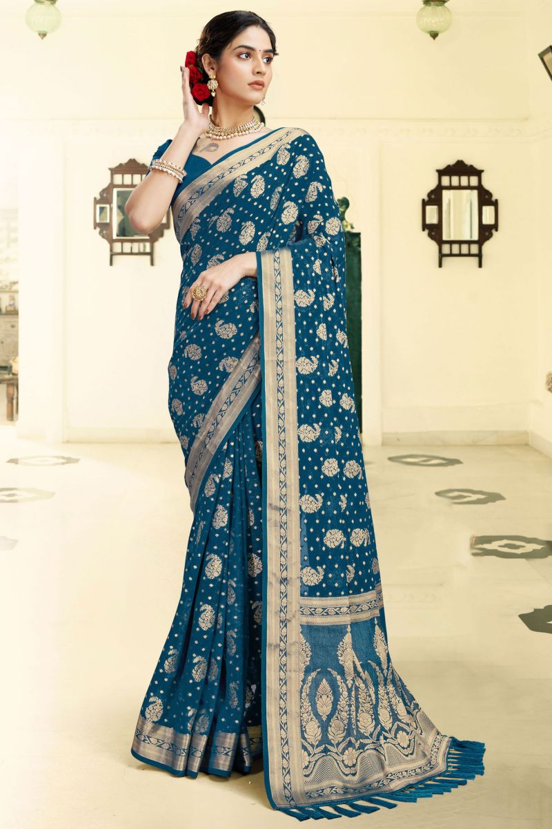 Georgette Fabric Sangeet Function Weaving Work Saree In Teal Color