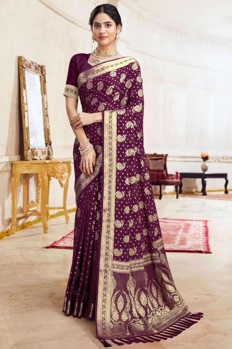 Georgette Fabric Sangeet Function Weaving Work Saree In Purple Color