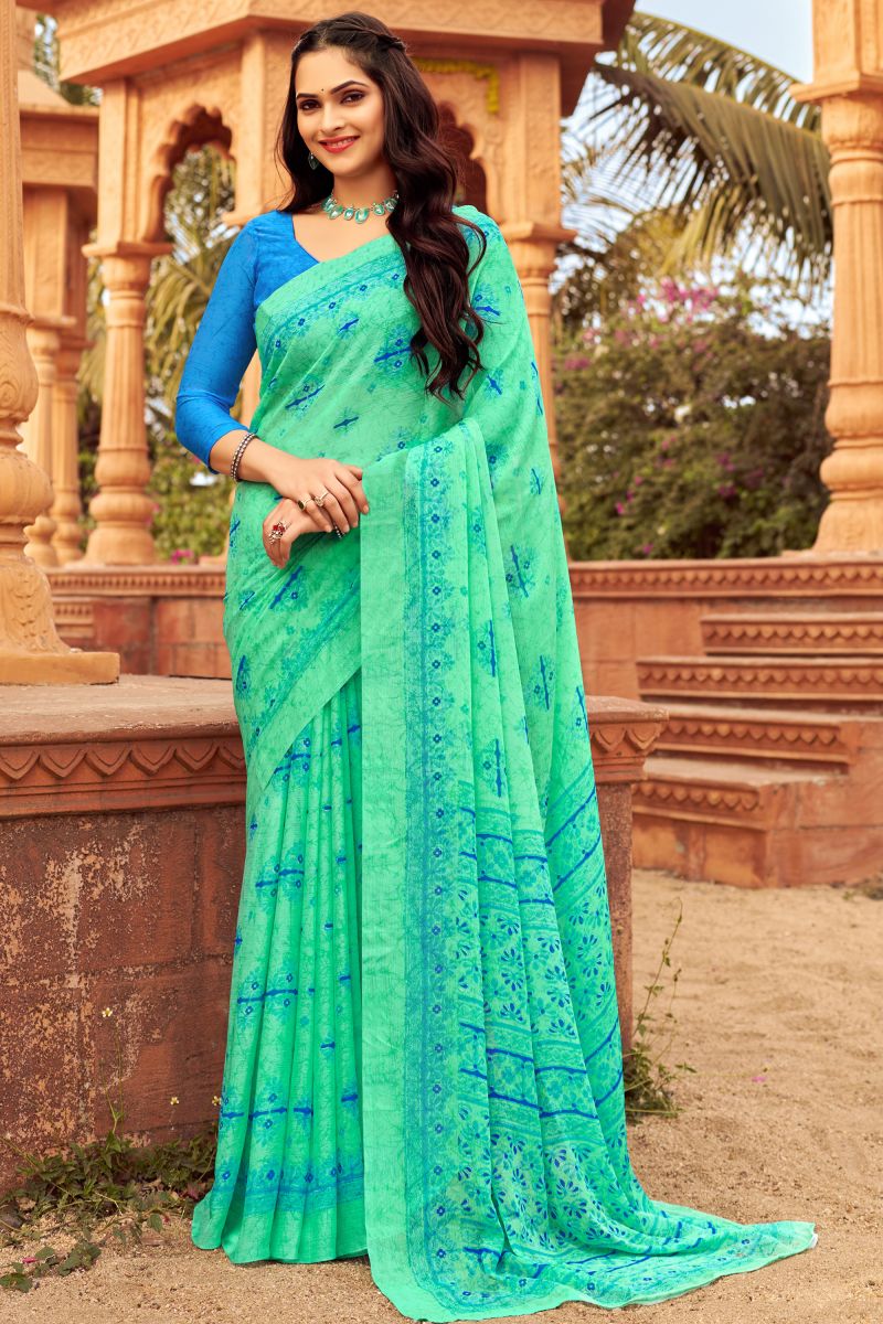 Printed Work On Chiffon Bewitching Saree In Sea Green Color