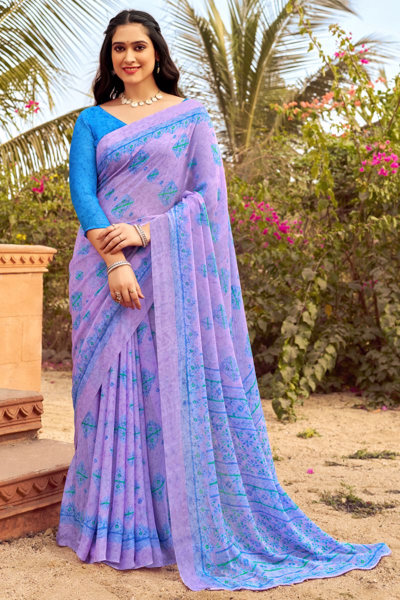 Chiffon Lavender Riveting Saree With Printed Work