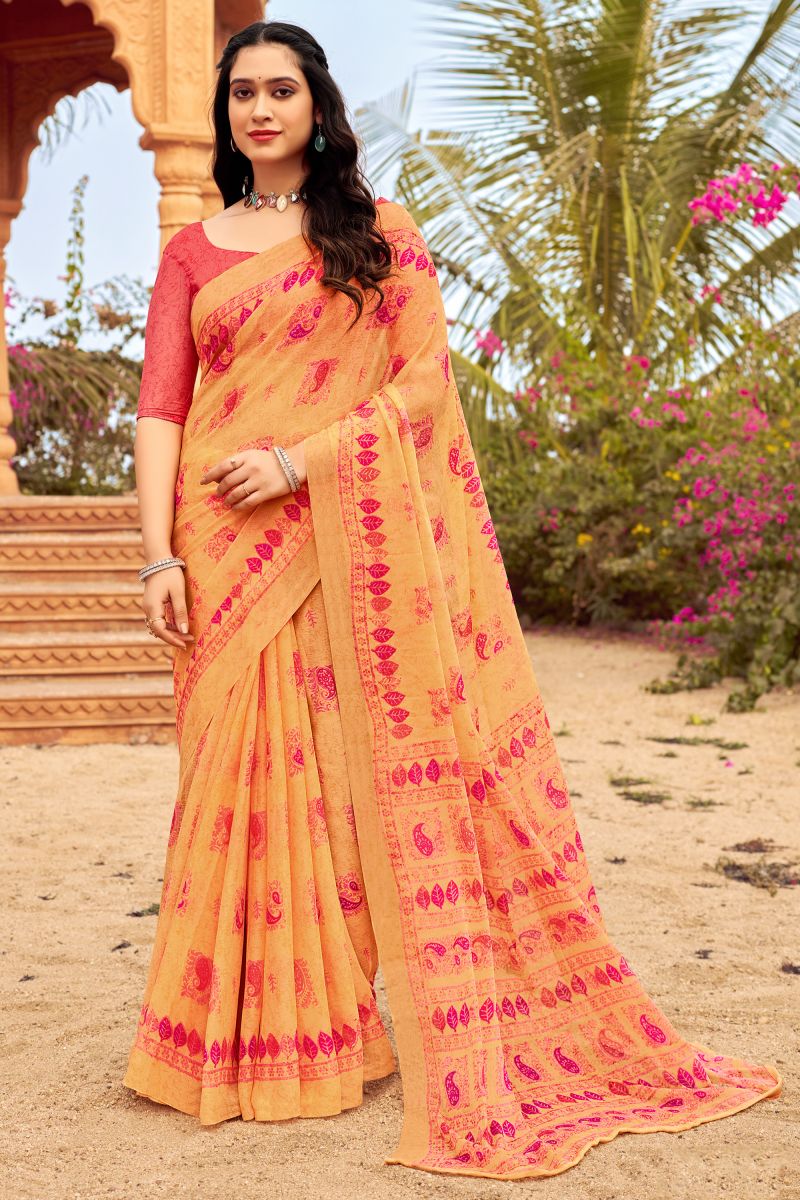 Chiffon Mustard Excellent Saree With Printed Work