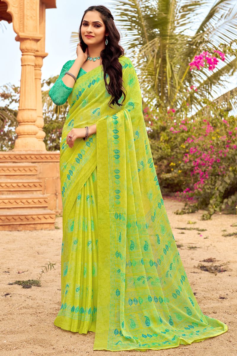 Printed Work On Green Chiffon Princely Saree