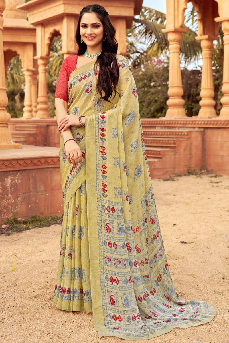 Cream Chiffon Engaging Saree With Printed Work