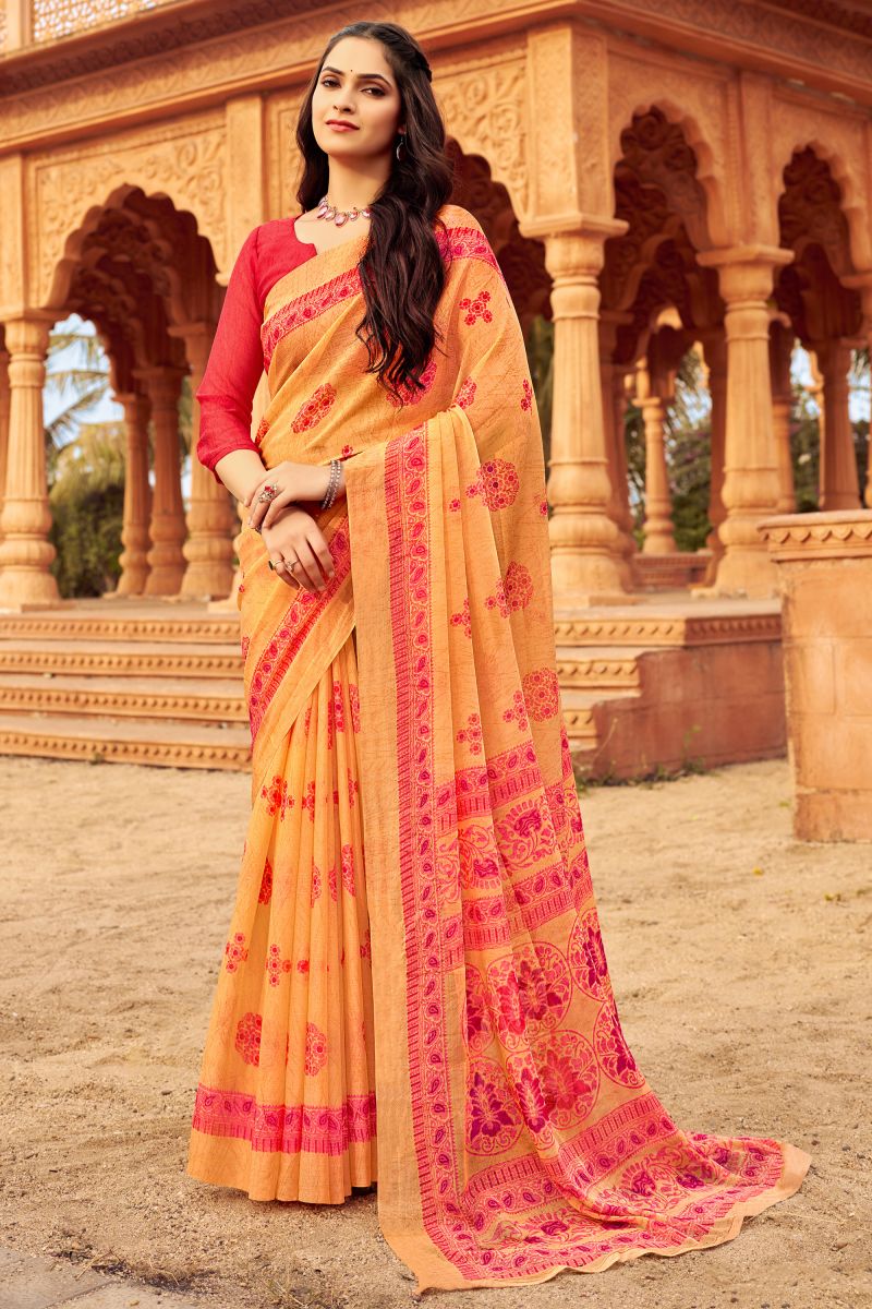 Printed Work On Peach Sober Saree In Chiffon Fabric