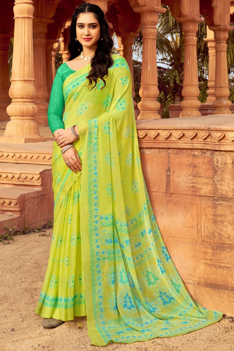 Creative Printed Work On Yellow Chiffon Saree