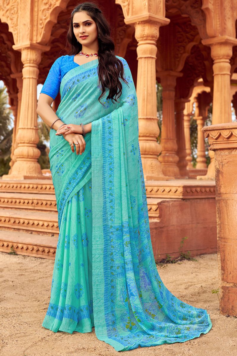 Cyan Chiffon Special Saree With Printed Work