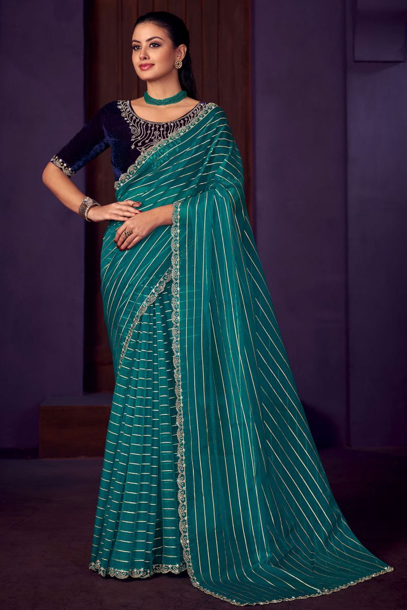 Cyan Color Stone Work Organza Fabric Saree