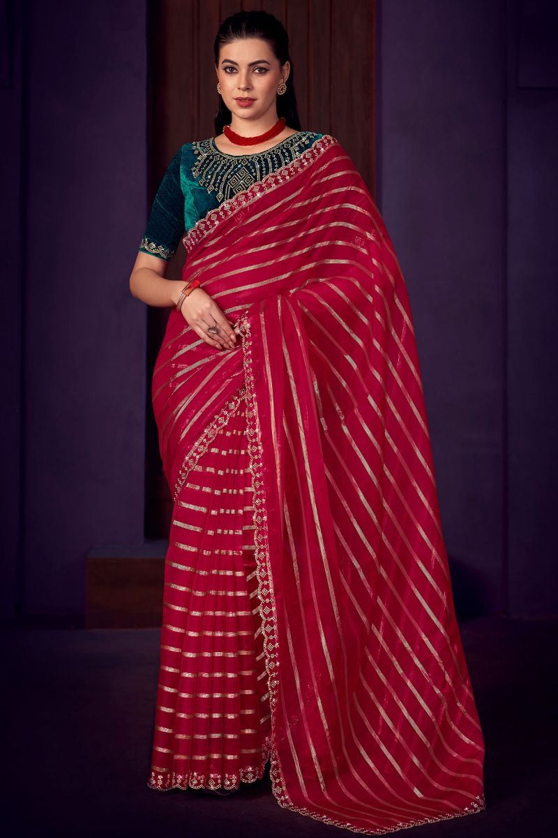 Stone Work Organza Fabric Saree In Rani Color