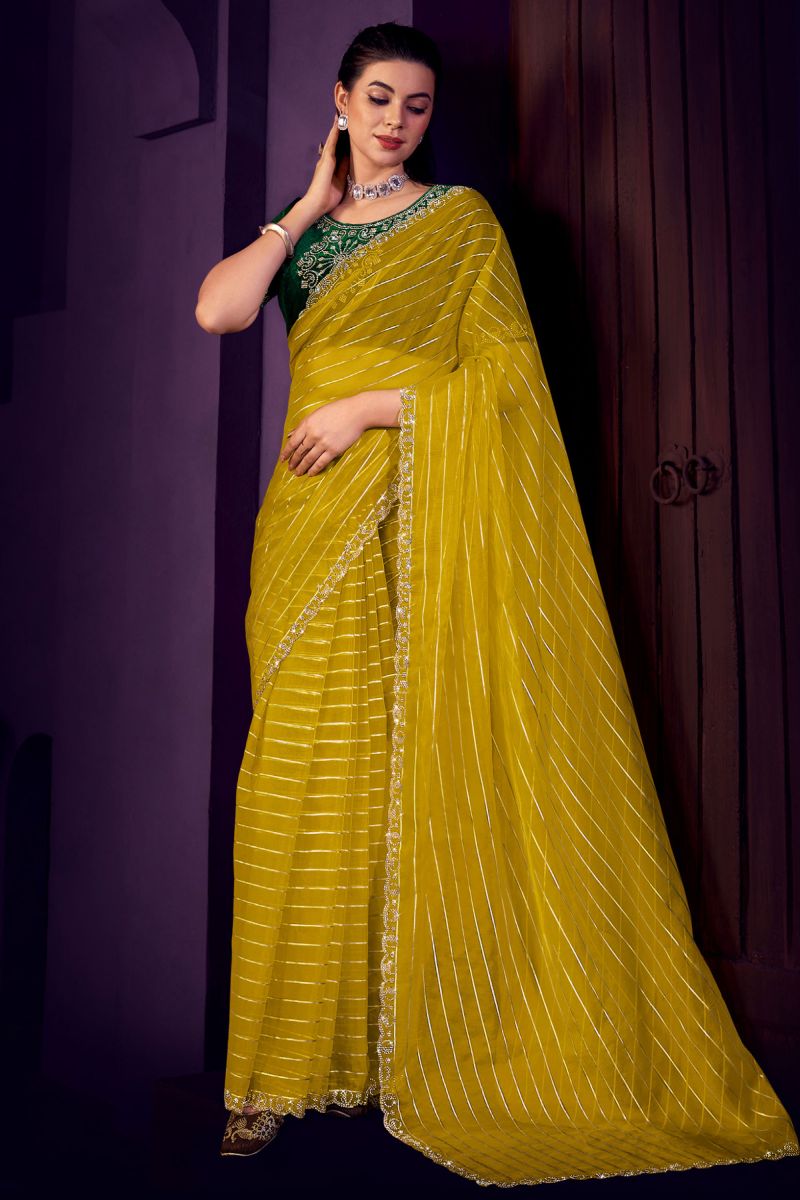 Yellow Color Organza Fabric Stone Work Party Wear Saree