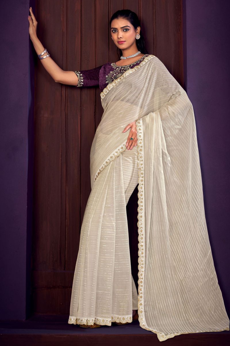 Beautiful Organza Fabric Off White Color Stone Work Saree