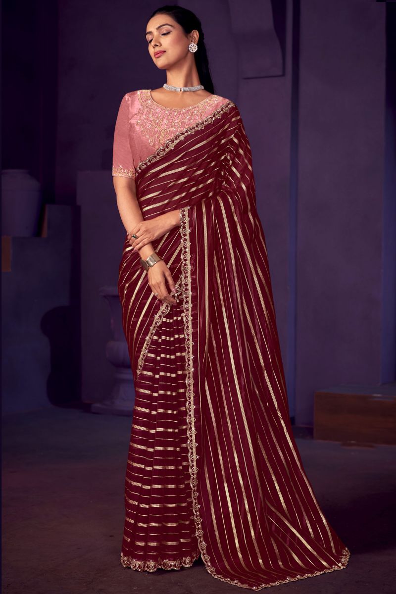 Maroon Color Organza Fabric Stone Work Saree