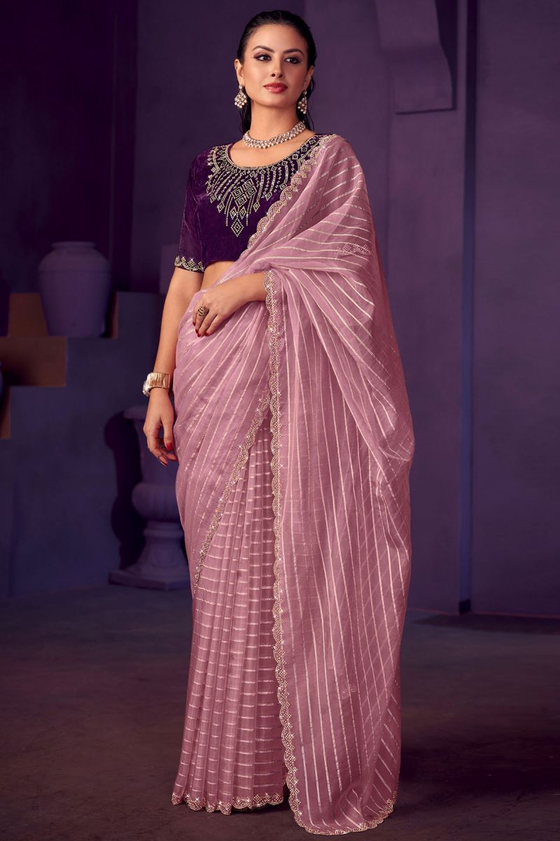 Exclusive Organza Fabric Pink Color Stone Work Saree