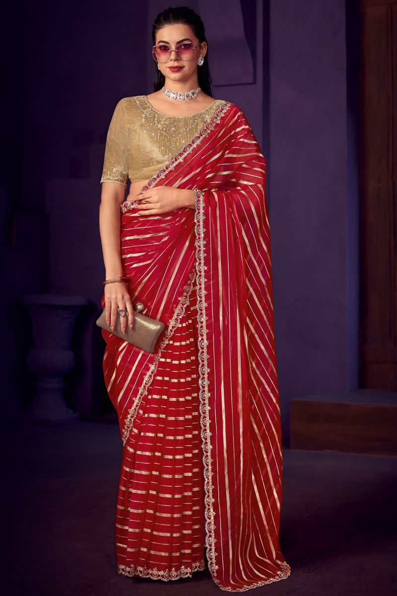 Red Color Stone Work Organza Fabric Party Wear Saree