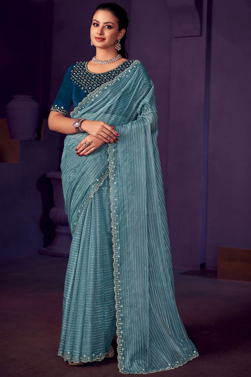 Attractive Stone Work Organza Fabric Saree In Sky Blue Color